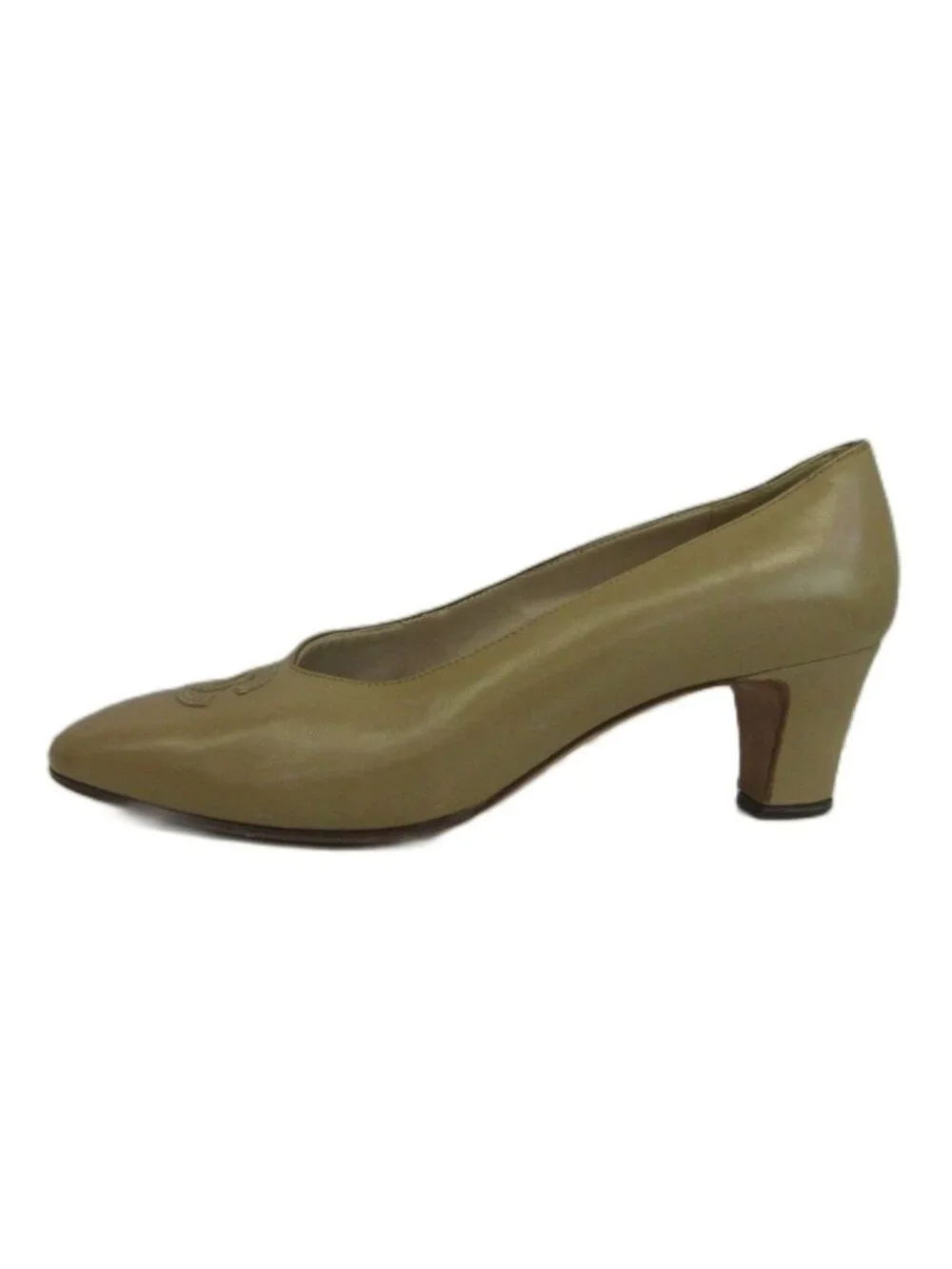 Chanel Pumps Leather Pointed Toe Middle Heels CC Logo Beige